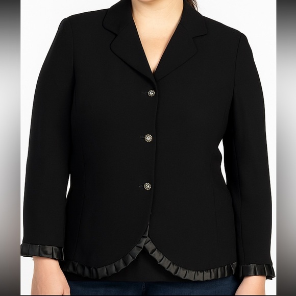 Lord & Taylor Black Jacket Blazer with Satin Ruffle Trim Size 16 - Picture 1 of 15